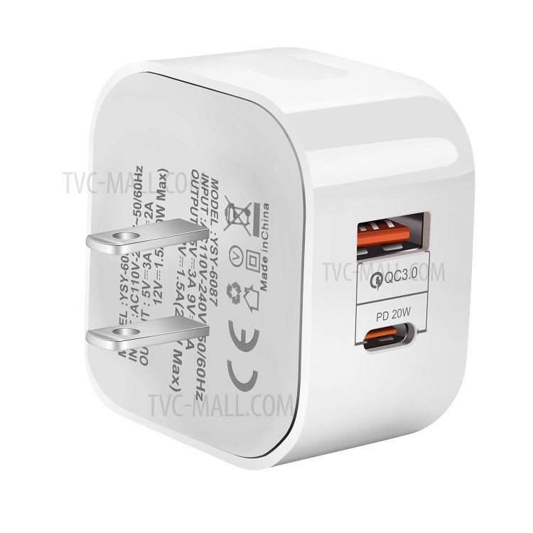 YSY-6087 PD 20W+QC 3.0 Dual Port Wall Charger Travel Power Adapter - US Plug