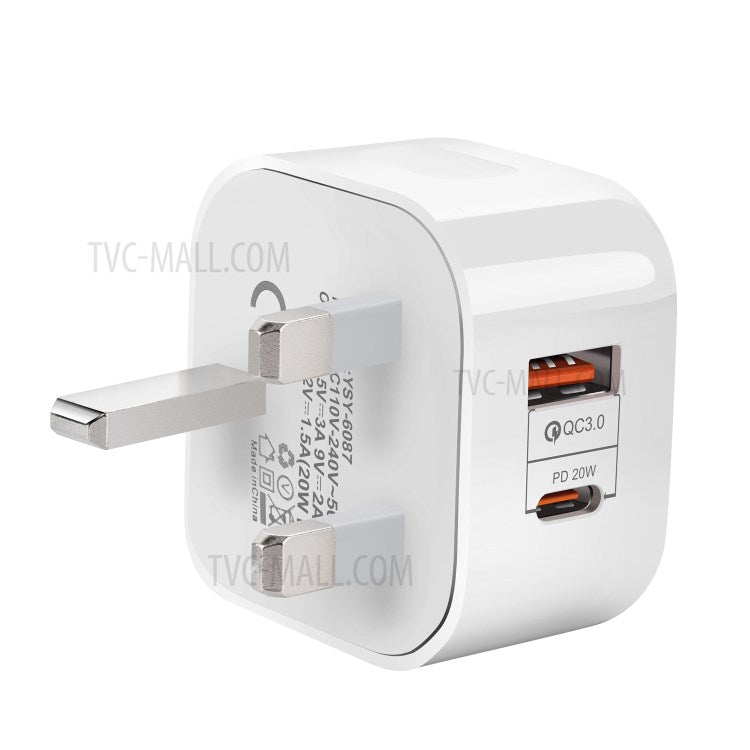 YSY-6087 PD 20W+QC 3.0 Dual Port Wall Charger Travel Power Adapter - UK Plug