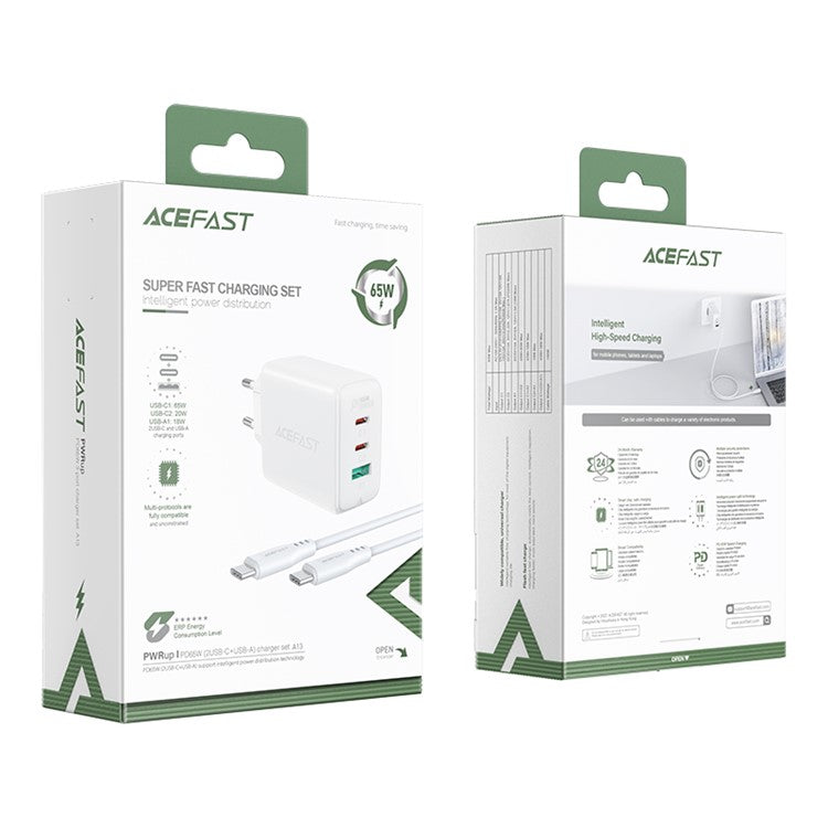 ACEFAST A13 USB C+C+A Three Ports PD65W Wall Charger Power Adapter EU Plug with 1.2m Cable - White