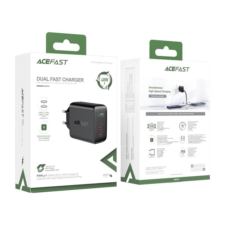 ACEFAST A9 PD40W USB C+C Dual Port Wall Charger Travel Charging Block Power Adapter EU Plug - White