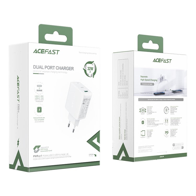 ACEFAST A5 PD32W USB C+A Dual Port Power Adapter Wall Charger EU Plug - White