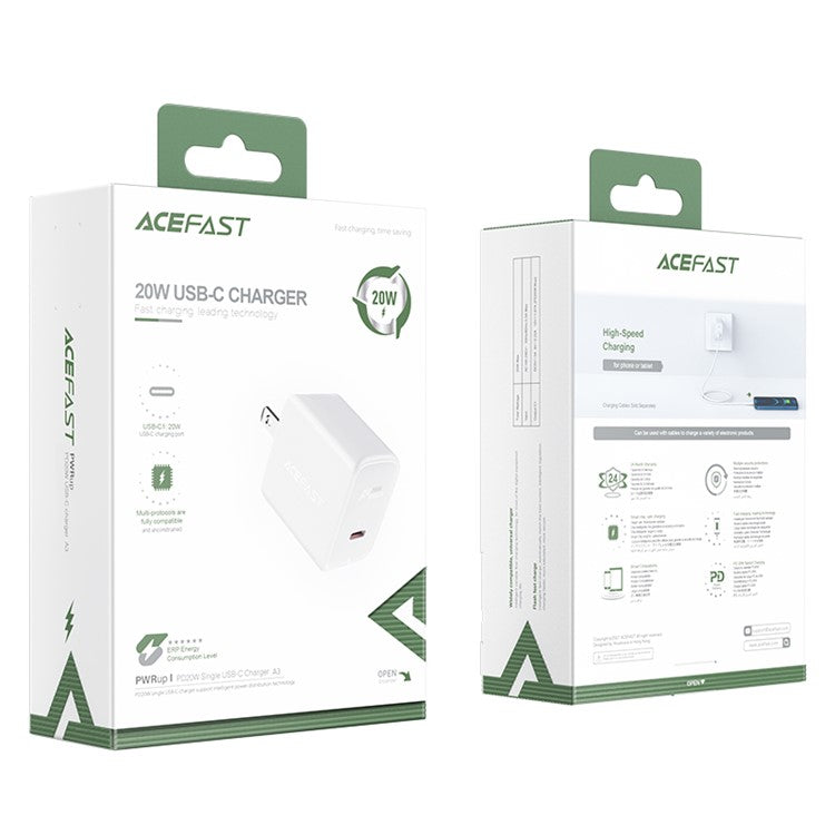 ACEFAST A3 PD20W USB C Single Port Wall Charger Power Adapter US Plug - White