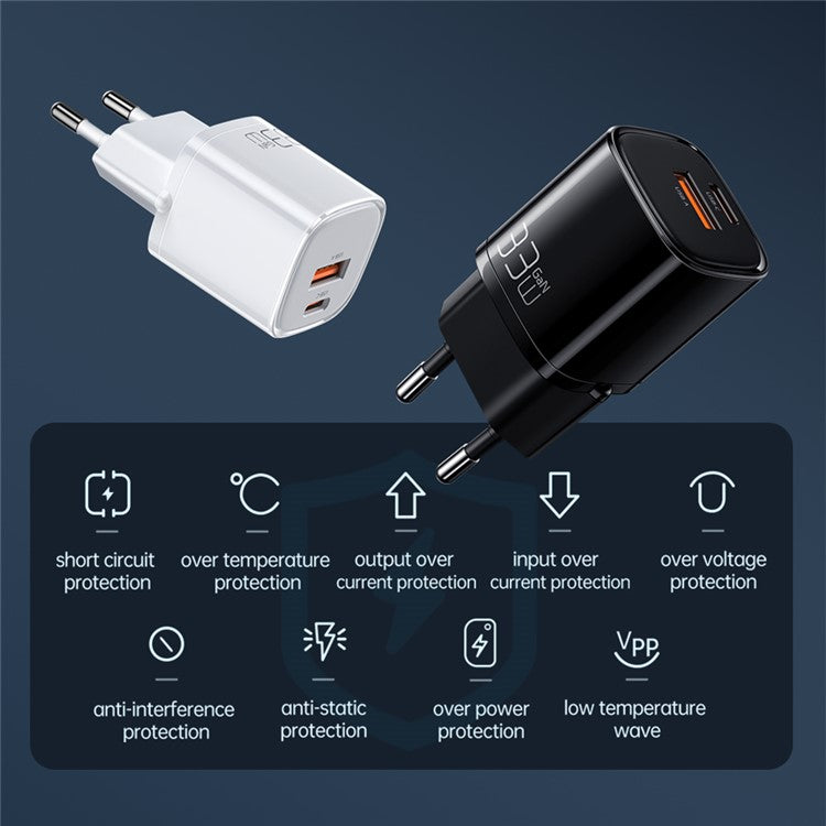 MCDODO CH-0150 MDD Nano Series EU Plug PD33W USB A+C Dual Ports Fast Charging Power Adapter Wall Charger - Black