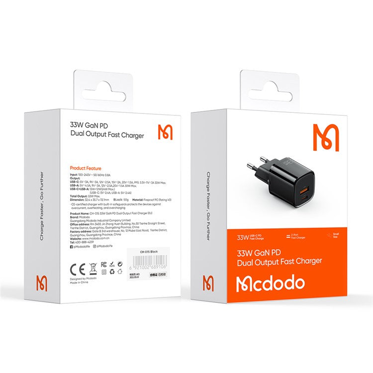 MCDODO CH-0150 MDD Nano Series EU Plug PD33W USB A+C Dual Ports Fast Charging Power Adapter Wall Charger - Black