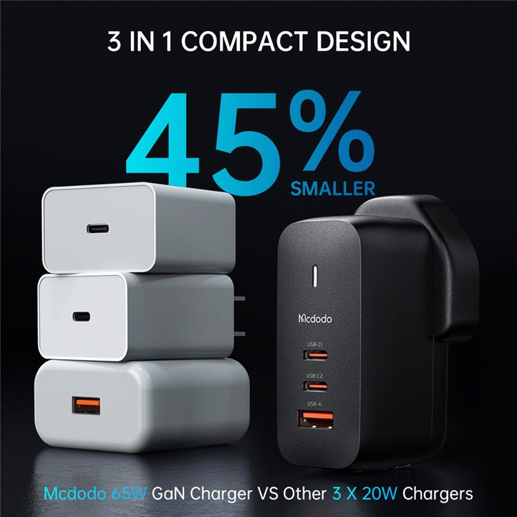 MCDODO MDD GaN 65W Mini Fast Charging 3-ports Wall Charger Phone Adapter - UK Plug