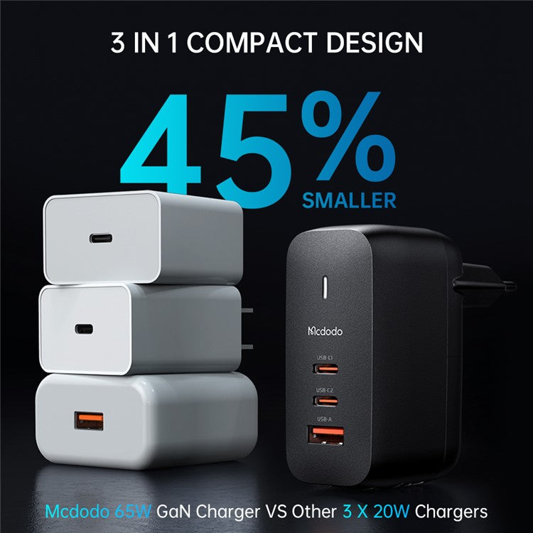 MCDODO MDD GaN 65W Mini Fast Charging 3-ports Wall Charger Phone Adapter - EU Plug