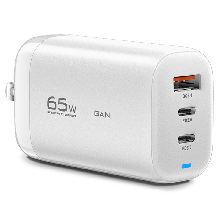 ESSAGER 65W GaN Travel Charging Dock USB-C+USB-A 3-Port US Plug Compact USB Wall Charger Power Adapter [with CE Certificate] - White