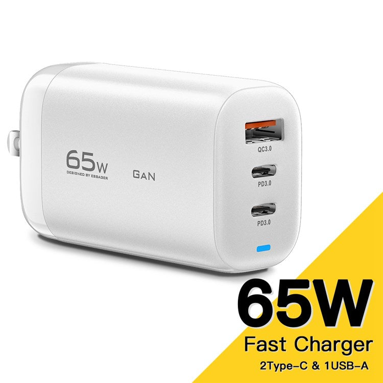 ESSAGER 65W GaN Travel Charging Dock USB-C+USB-A 3-Port US Plug Compact USB Wall Charger Power Adapter [with CE Certificate] - White