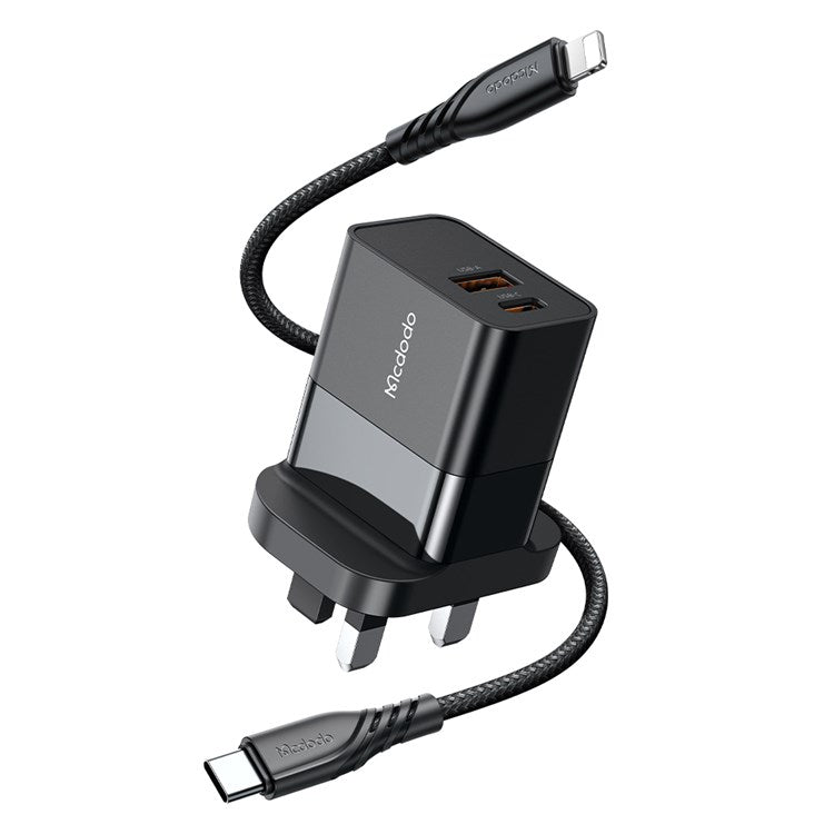 MCDODO MDD Hydrogen Series USB-A + Type-C PD 20W Phone Fast Charging Adapter Wall Charger with Cable - UK Plug/Black