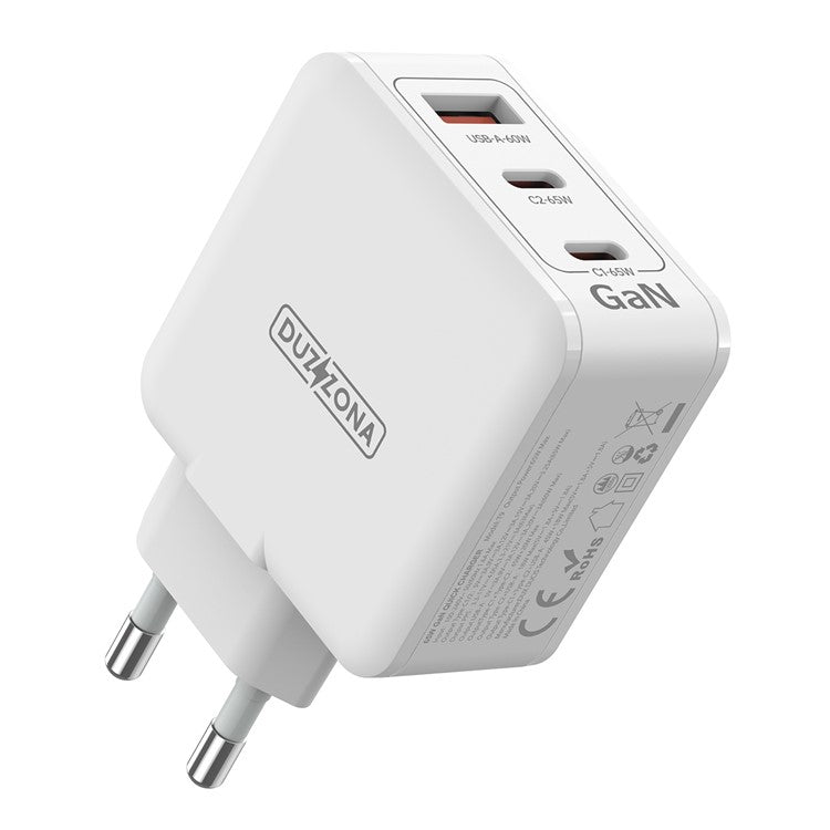 DUZZONA T9 PD 65W 3 Port USB C GaN Wall Charger PPS PD Fast Charger Power Adapter (CE / UKCA / RoHS Certified) - EU Plug