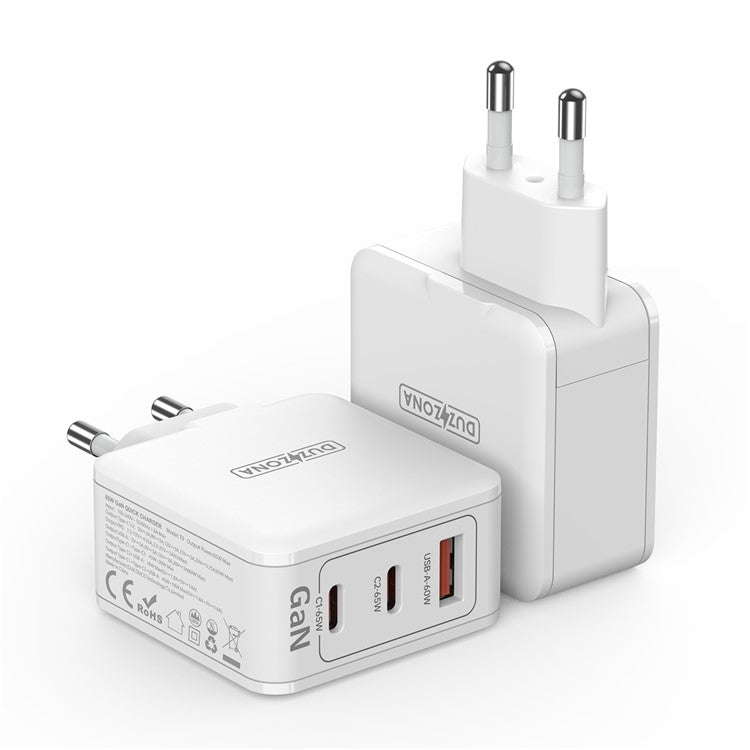 DUZZONA T9 PD 65W 3 Port USB C GaN Wall Charger PPS PD Fast Charger Power Adapter (CE / UKCA / RoHS Certified) - EU Plug