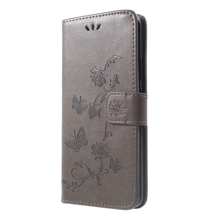 Imprint Butterfly Flowers Leather Stand Wallet Folio Shell for Huawei Mate 20 Pro - Grey