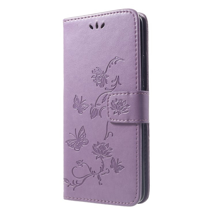 Imprint Butterfly Flowers Leather Stand Wallet Folio Protective Case for Huawei Mate 20 Pro - Light Purple