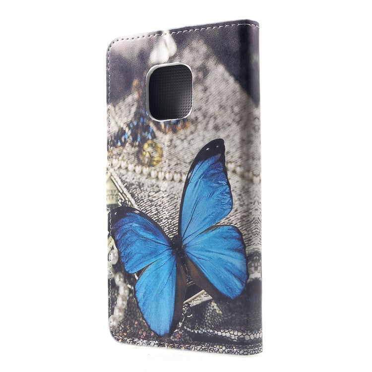 Pattern Printing PU Leather Magnetic Wallet Stand Protective Shell for Huawei Mate 20 Pro - Blue Butterfly