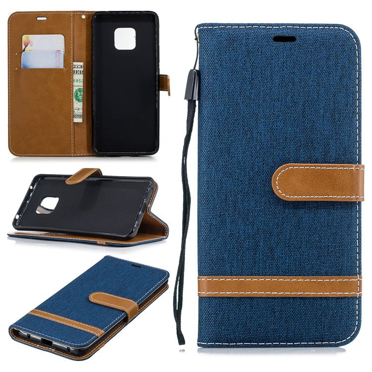 Two-tone Jean Cloth PU Leather Flip Mobile Phone Cover for Huawei Mate 20 Pro - Dark Blue