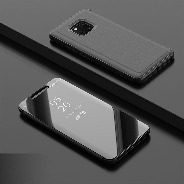 For Huawei Mate 20 Pro View Window Plated Mirror Surface Mobile Phone Leather Stand Case Fingerprint-Free - Black