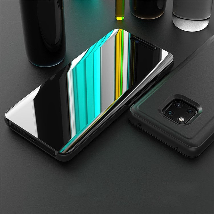 For Huawei Mate 20 Pro View Window Plated Mirror Surface Mobile Phone Leather Stand Case Fingerprint-Free - Black