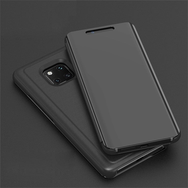 For Huawei Mate 20 Pro View Window Plated Mirror Surface Mobile Phone Leather Stand Case Fingerprint-Free - Black