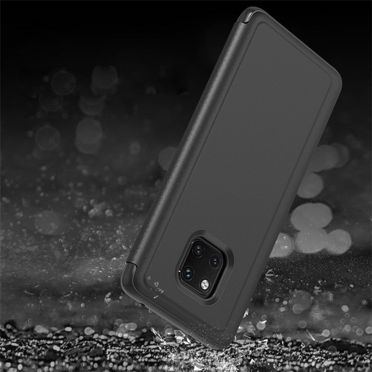 For Huawei Mate 20 Pro View Window Plated Mirror Surface Mobile Phone Leather Stand Case Fingerprint-Free - Black