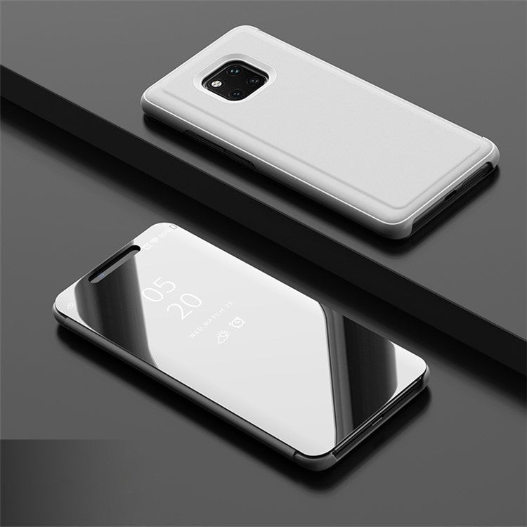 For Huawei Mate 20 Pro View Window Plated Mirror Surface Mobile Phone Leather Stand Case Fingerprint-Free - Silver