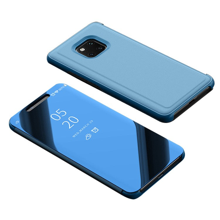 For Huawei Mate 20 Pro View Window Plated Mirror Surface Mobile Phone Leather Stand Case Fingerprint-Free - Baby Blue