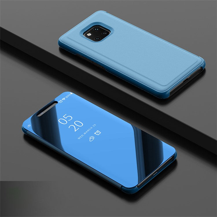 For Huawei Mate 20 Pro View Window Plated Mirror Surface Mobile Phone Leather Stand Case Fingerprint-Free - Baby Blue