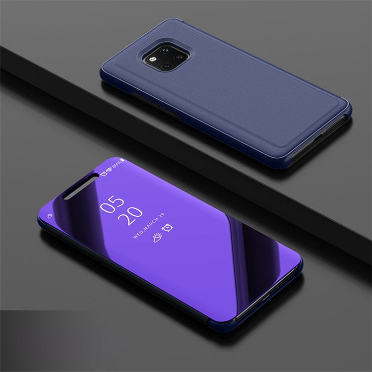 For Huawei Mate 20 Pro View Window Plated Mirror Surface Mobile Phone Leather Stand Case Fingerprint-Free - Dark Blue