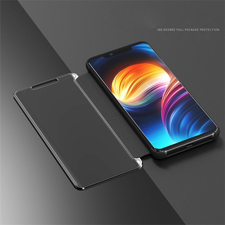 For Huawei Mate 20 Pro View Window Plated Mirror Surface Mobile Phone Leather Stand Case Fingerprint-Free - Dark Blue