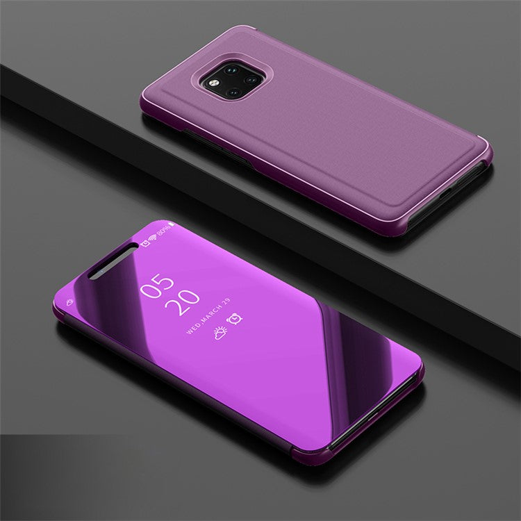 For Huawei Mate 20 Pro View Window Plated Mirror Surface Mobile Phone Leather Stand Case Fingerprint-Free - Purple