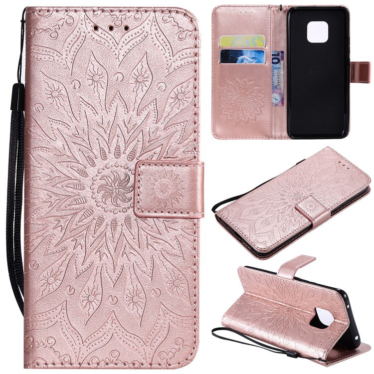 KT Imprinting Flower Series-1 Imprint Sunflower Wallet Leather Stand Phone Case for Huawei Mate 20 Pro - Rose Gold