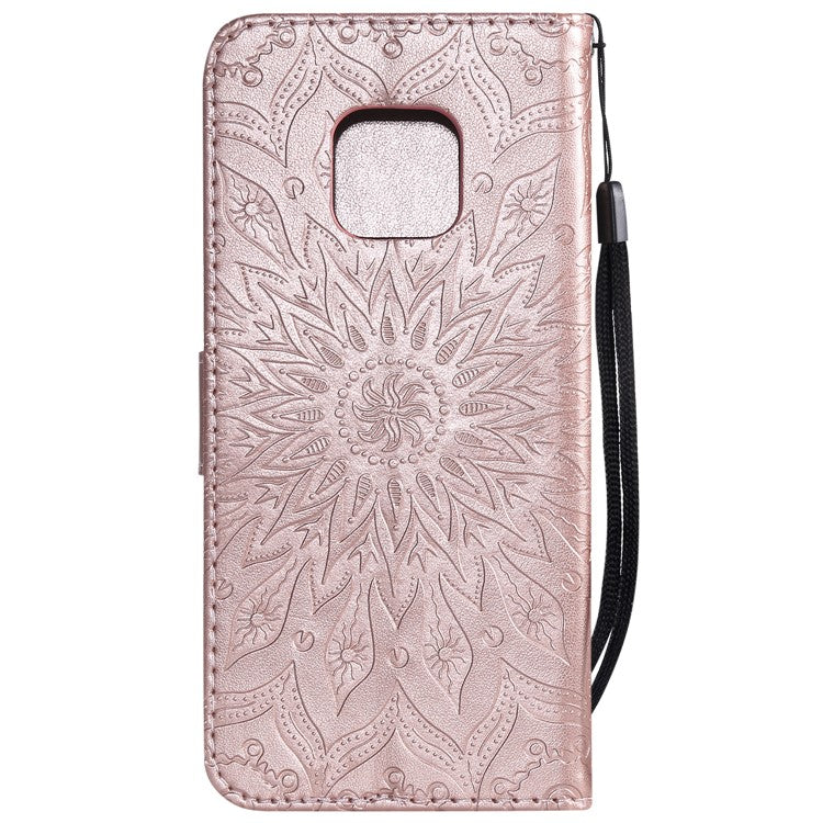 KT Imprinting Flower Series-1 Imprint Sunflower Wallet Leather Stand Phone Case for Huawei Mate 20 Pro - Rose Gold