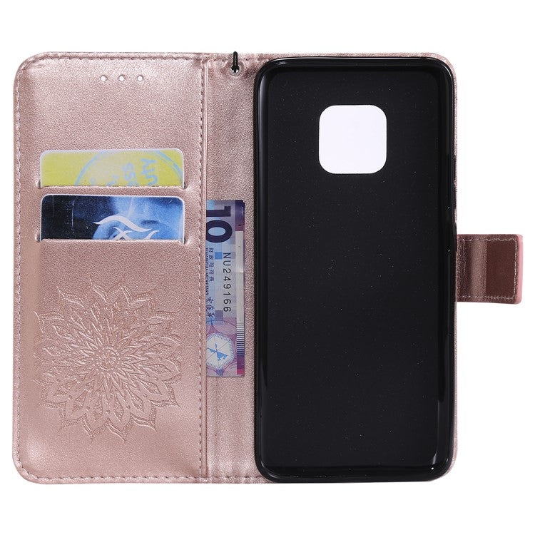 KT Imprinting Flower Series-1 Imprint Sunflower Wallet Leather Stand Phone Case for Huawei Mate 20 Pro - Rose Gold