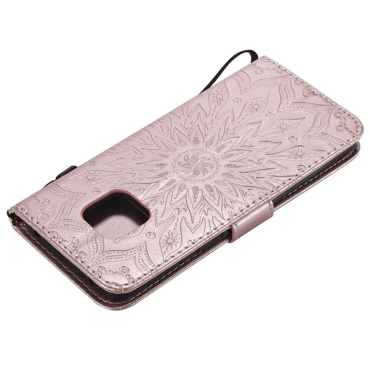 KT Imprinting Flower Series-1 Imprint Sunflower Wallet Leather Stand Phone Case for Huawei Mate 20 Pro - Rose Gold