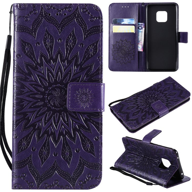 KT Imprinting Flower Series-1 Imprint Sunflower Leather Stand Case with Card Slots for Huawei Mate 20 Pro - Purple