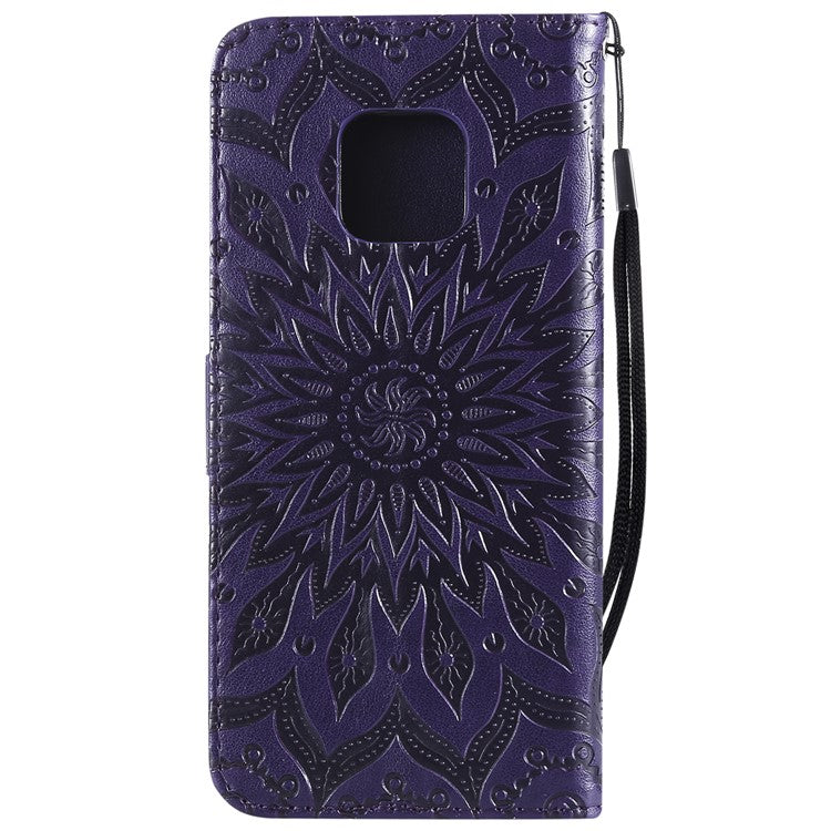 KT Imprinting Flower Series-1 Imprint Sunflower Leather Stand Case with Card Slots for Huawei Mate 20 Pro - Purple