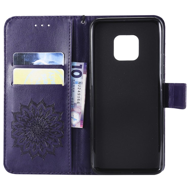 KT Imprinting Flower Series-1 Imprint Sunflower Leather Stand Case with Card Slots for Huawei Mate 20 Pro - Purple