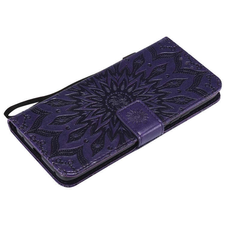 KT Imprinting Flower Series-1 Imprint Sunflower Leather Stand Case with Card Slots for Huawei Mate 20 Pro - Purple