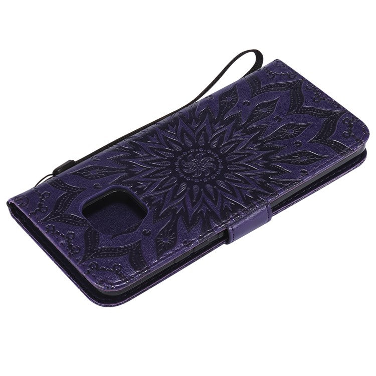 KT Imprinting Flower Series-1 Imprint Sunflower Leather Stand Case with Card Slots for Huawei Mate 20 Pro - Purple