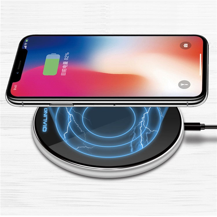 QIALINO 15W Round Qi Wireless Fast Charging Pad Ultra-thin Wireless Charger Pad for iPhone X/8/8 Plus Etc. - Black