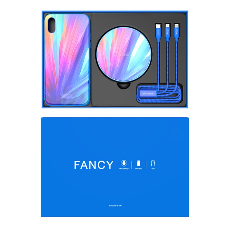 NILLKIN Fancy Tempered Glass Case for iPhone XS Max with Wireless Charger + 3 in 1 Cable Charging Gift Set - Blue