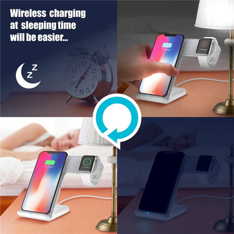 F11 2-in-1 Mobile Phone Smart Watch Wireless Charging Stand Qi Wireless Fast Charger for iPhone Samsung Apple Watch - White