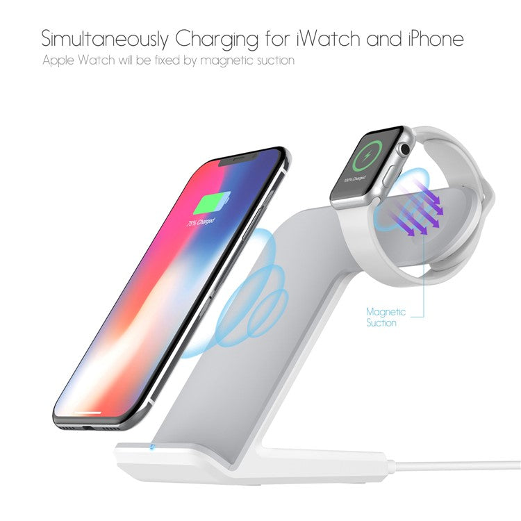 F11 2-in-1 Mobile Phone Smart Watch Wireless Charging Stand Qi Wireless Fast Charger for iPhone Samsung Apple Watch - White