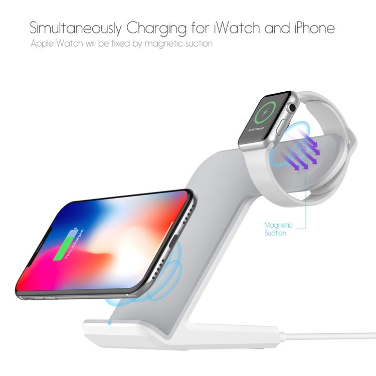 F11 2-in-1 Mobile Phone Smart Watch Wireless Charging Stand Qi Wireless Fast Charger for iPhone Samsung Apple Watch - White