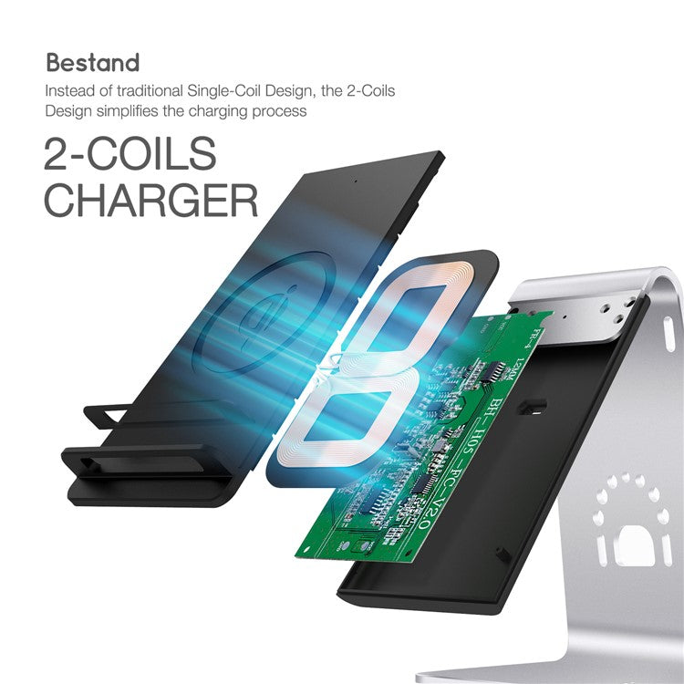 BESTAND Fast Wireless Charger 2-Coil Charging Stand Mount Holder for All Qi-Enabled Devices - Silver