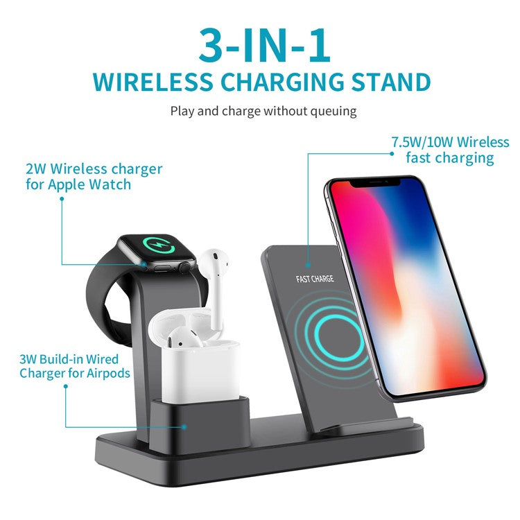 3 in 1 Desktop Vertical Wireless Charger Fast Charging Stand for iPhone/Apple Watch/Airpods - Black