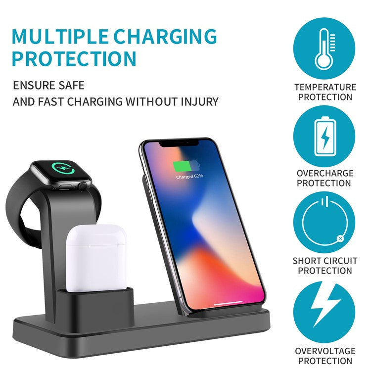 3 in 1 Desktop Vertical Wireless Charger Fast Charging Stand for iPhone/Apple Watch/Airpods - Black