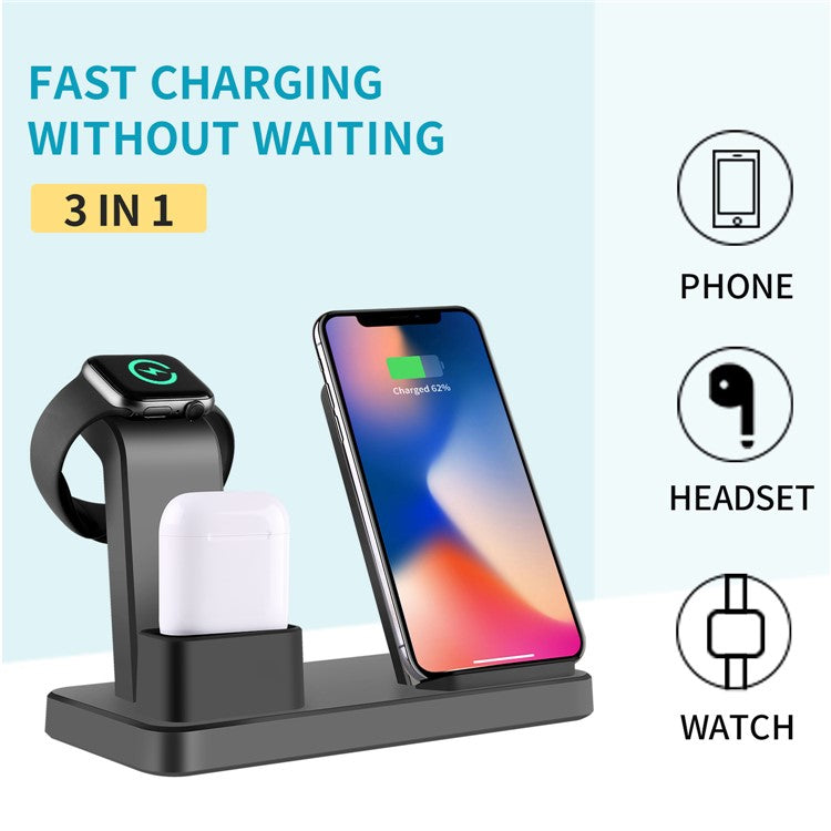 3 in 1 Desktop Vertical Wireless Charger Fast Charging Stand for iPhone/Apple Watch/Airpods - Black