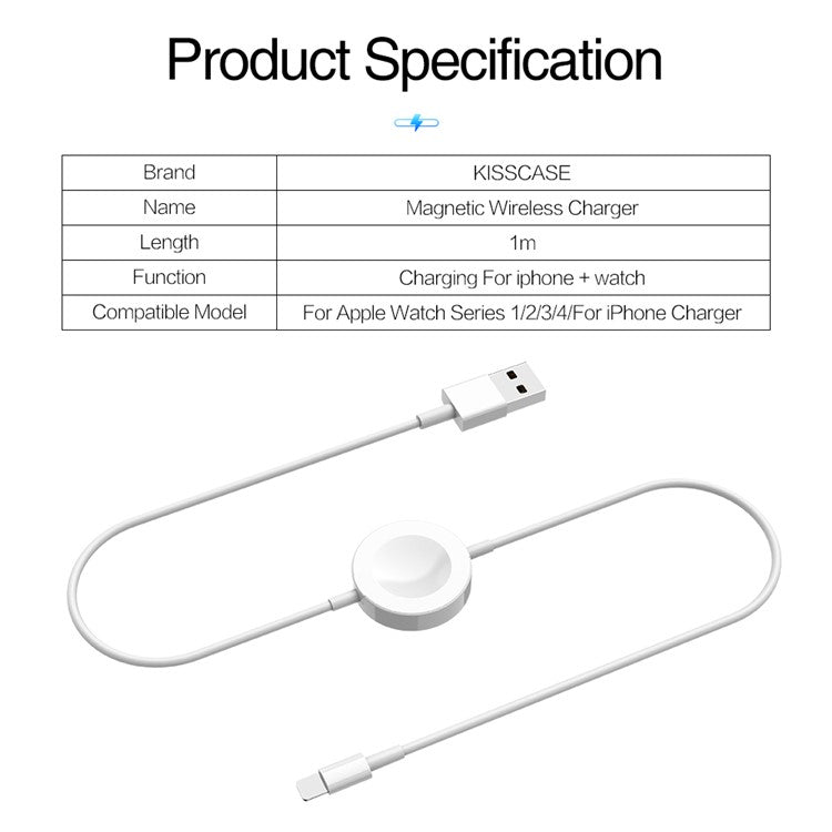 2 in 1 Magnetic Wireless iWatch Charger USB Lightning Charging Cable for iPhone/Apple Watch - White