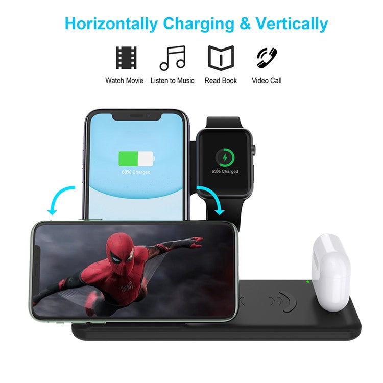 Q20 4-in-1 Mobile Phone Wireless Charger Charging Stand for Apple Watch Series 8 / SE (2022) - Black