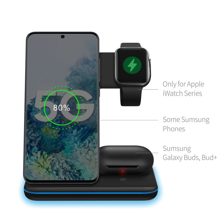 3-in-1 Desktop Vertical 15W Wireless Charger Stand for iPhone/Apple Watch/Airpods - Black